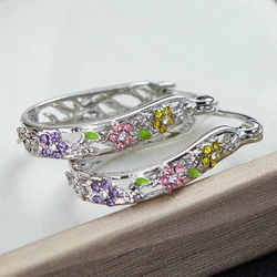 Exquisite Fashion Creative Gold Silver Color Flower Colorful Flower Zircon Earrings Fashion Accessories Wedding Daily Jewelry