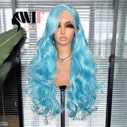 WIF Blue Wave Synthetic Wig Natural Hairline Blue Color Heat Resistant Lace Front Wigs Body Wave Light Blue Fashion Women Hair