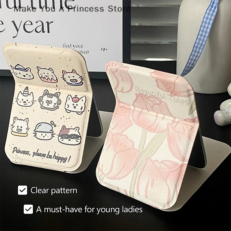 Desktop Makeup Mirror Solid Color PU Leather Simple Portable Handheld Makeup Mirror Foldable Student Compact Cute Pocket Mirror