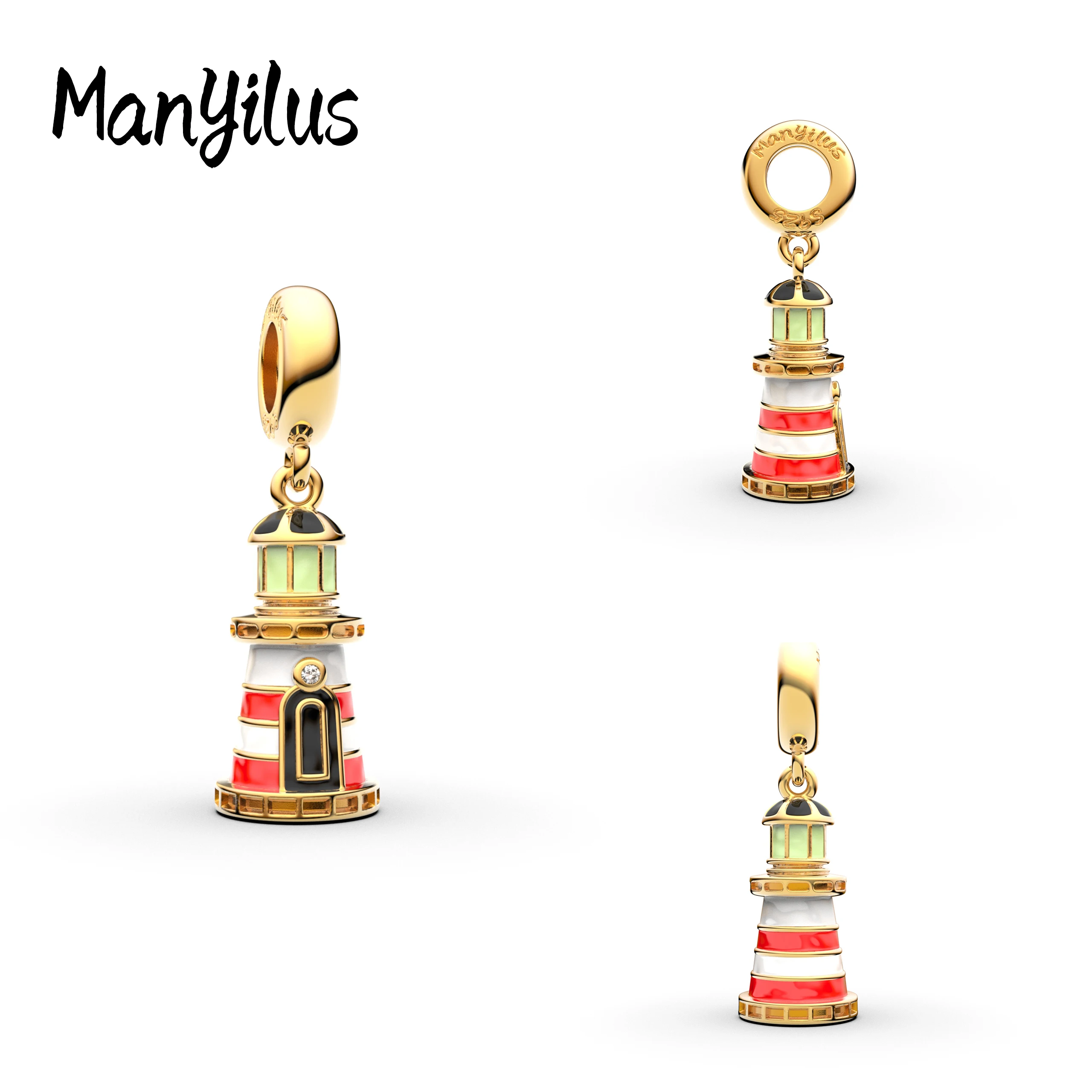 Manyilus 925 Silver Lighthouse Dangle Charm Color Enamel CZ Fit Original Bracelets Women Fine Jewelry Gift