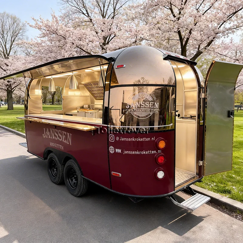 Portable Stainless Steel Lightweight Aluminum Heavy Duty Food Trailer with Fryer Griddle Fridge Ice Cream Freezer and Awning