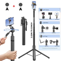 2.02M Selfie Stick Tripod with Light Wireless Remote Tripod for Mobile Phone Holder with 1/4 Screw 1/4 Nut for Smartphone Camera