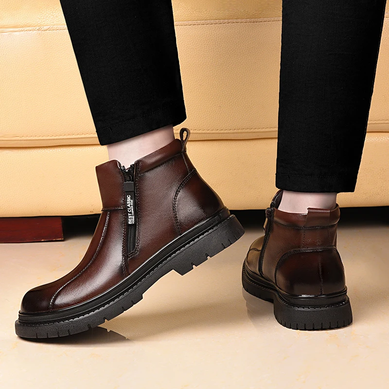 

Genuine Leather Ankle Botas Men Motorcycle Boots Fashion Young Snow Shoe Autumn Winter High Top Shoes Winter Plush Snow Boots