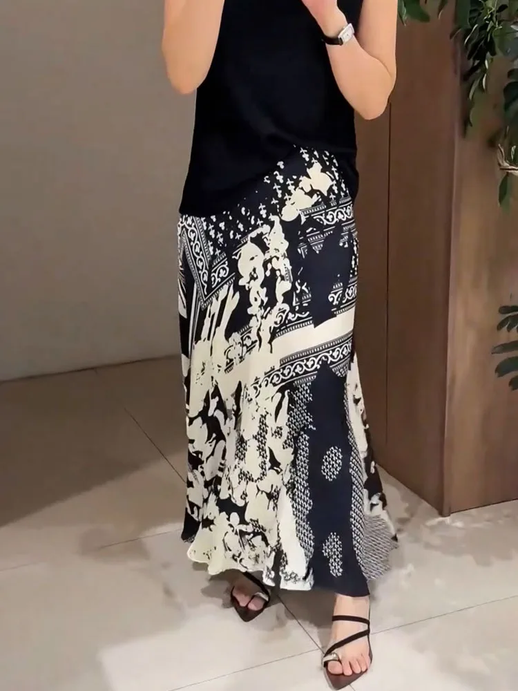 

Легкая повседневная юбка с этническим принтом, драпированная, с завышенной талией, длинная, летняя, новый стиль, модная, элегантная, для зрелых женщин