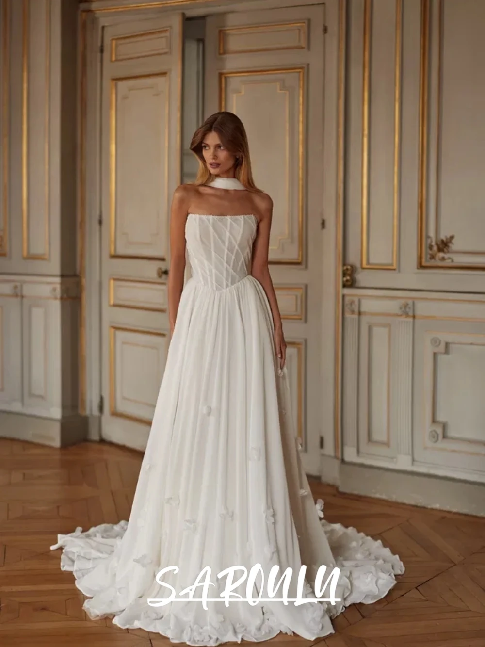 Sweet Blooms A Line Dainty Wedding Dress Graceful Strapless Corset Customized Bridal Gown Fashionable Flowy Soft Bride Wear