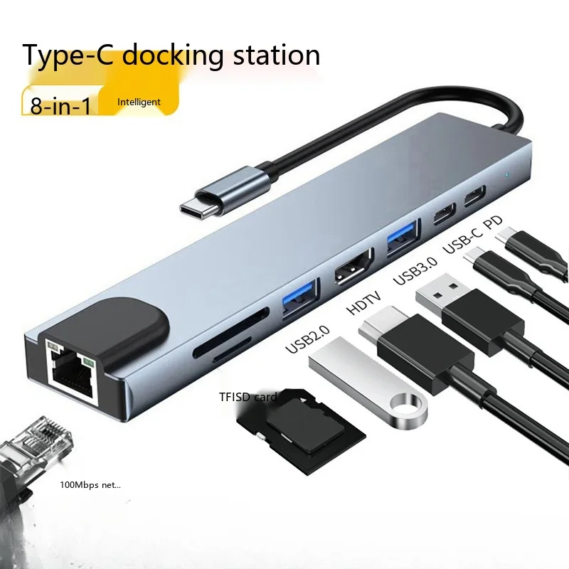 8 in 1 Type-C Docking Station HDMI PD USB-C HUB 100M Ethernet Multi-Purpose Adapter