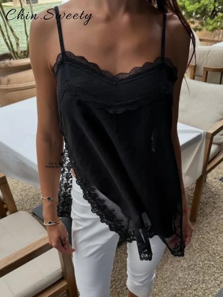 Elegant Satin Lace Patchwork Short Tank Women Loose Solid V-neck Sleeveless Mini Sling Tops 2025 Summer Lady Fashion Outwear New image 6