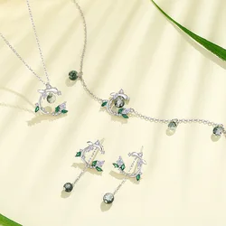 European Sparkling S925 Sterling silver Green AAA CZ Branch Jewelry Set Necklace Earrings Bracelet For Women Birthday Gift