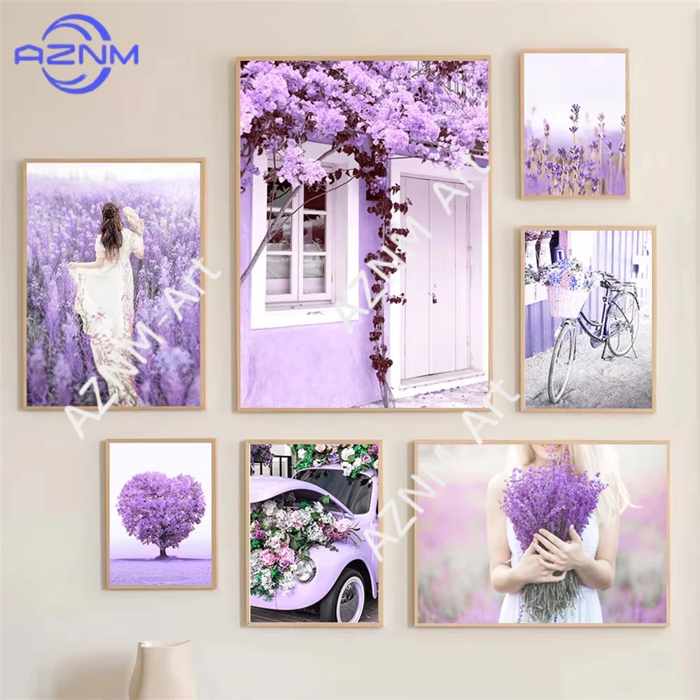 Purple Tree Flower Girl Lavender Wall Art Poster Printing Door Bicycle Car Canvas Painting Nordic Living Room Decoration Pict