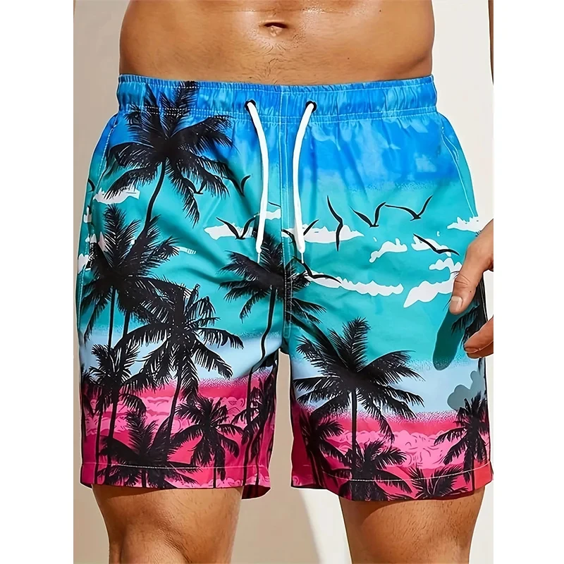 Calções de Praia Palmeira Masculina, Shorts de Borda Estampada 3D, Calções de Natação Harajuku Legal, Férias Havaí, Novo, S-2XL, Verão