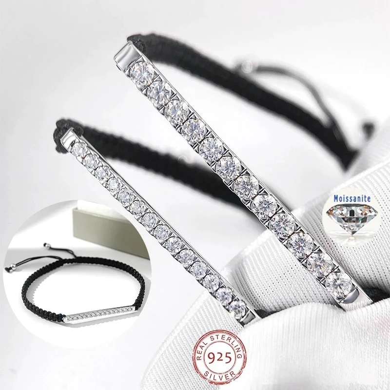 

WSHUO 2/3mm Braided Rope Moissanite Bracelet S925 Pure Silver Full Lab Diamond Adjustable Bracelet for Women Men Fine Jewelry