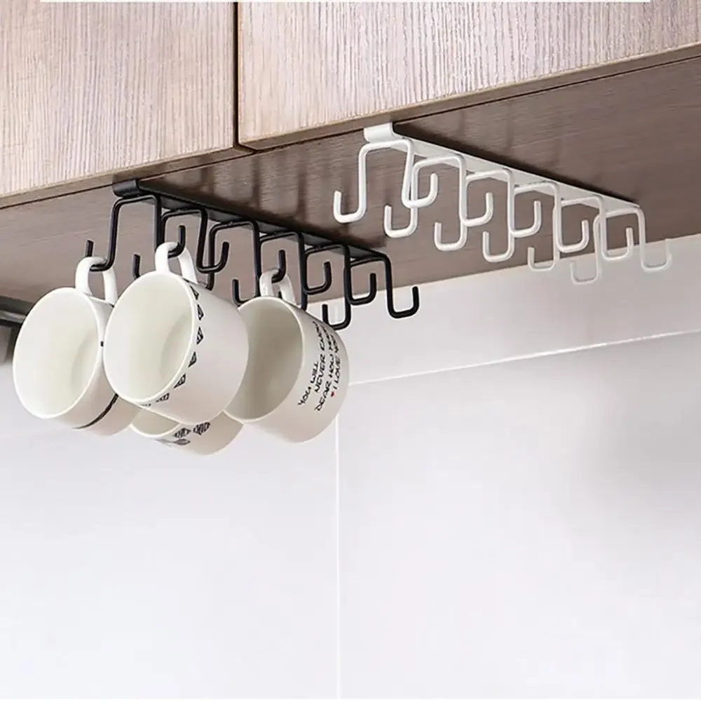 Home use no punch wall mounted Cup cracker, 2 rows hook, Bathroom Kitchen Cabinet storage rack