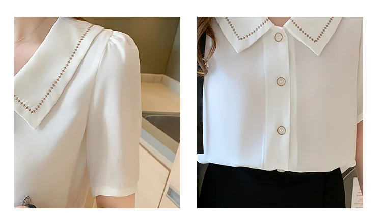 Blusas Blouses Femme Tops Women Turn Down Collar Blouse Women 2024Summer White Blouse Short Sleeve Chiffon Blouse Shirt E778