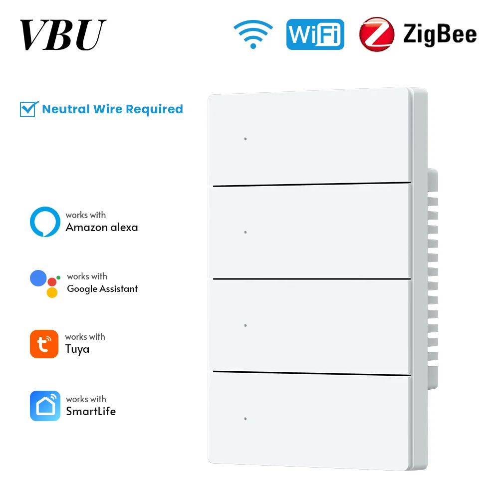 

Настенные выключатели VBU Tuya Zigbee, работающие с Alexa Google Home Smartthings через концентратор, нейтральный провод 1/2/3/4/6 Gang
