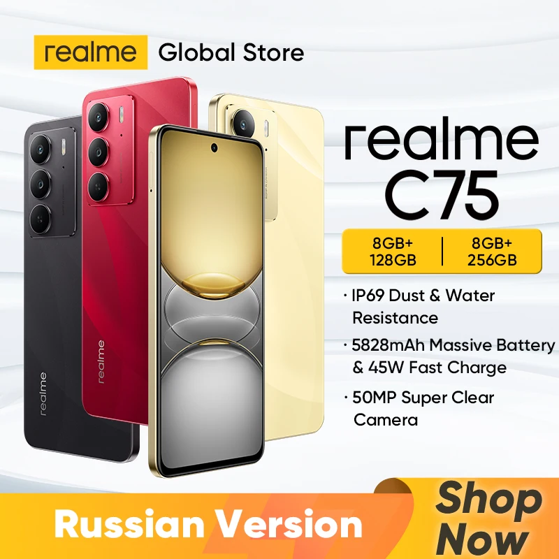 [World Premiere] realme C75 Smartphone Helio G92 Max Chipset 5828mAh Battery 45W Charge 6.72'' 90Hz Display 50MP Camera NFC IP69