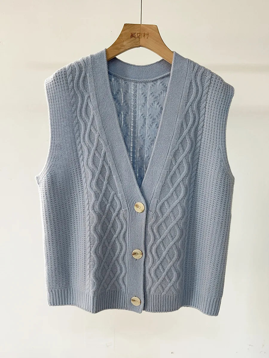 Winsleter-100% Wool Elegant Vest Sweater, V Neck Buttons, Women Fashion Commute Loose Knit Cardigan Vest, 2025 Autumn T59662CC