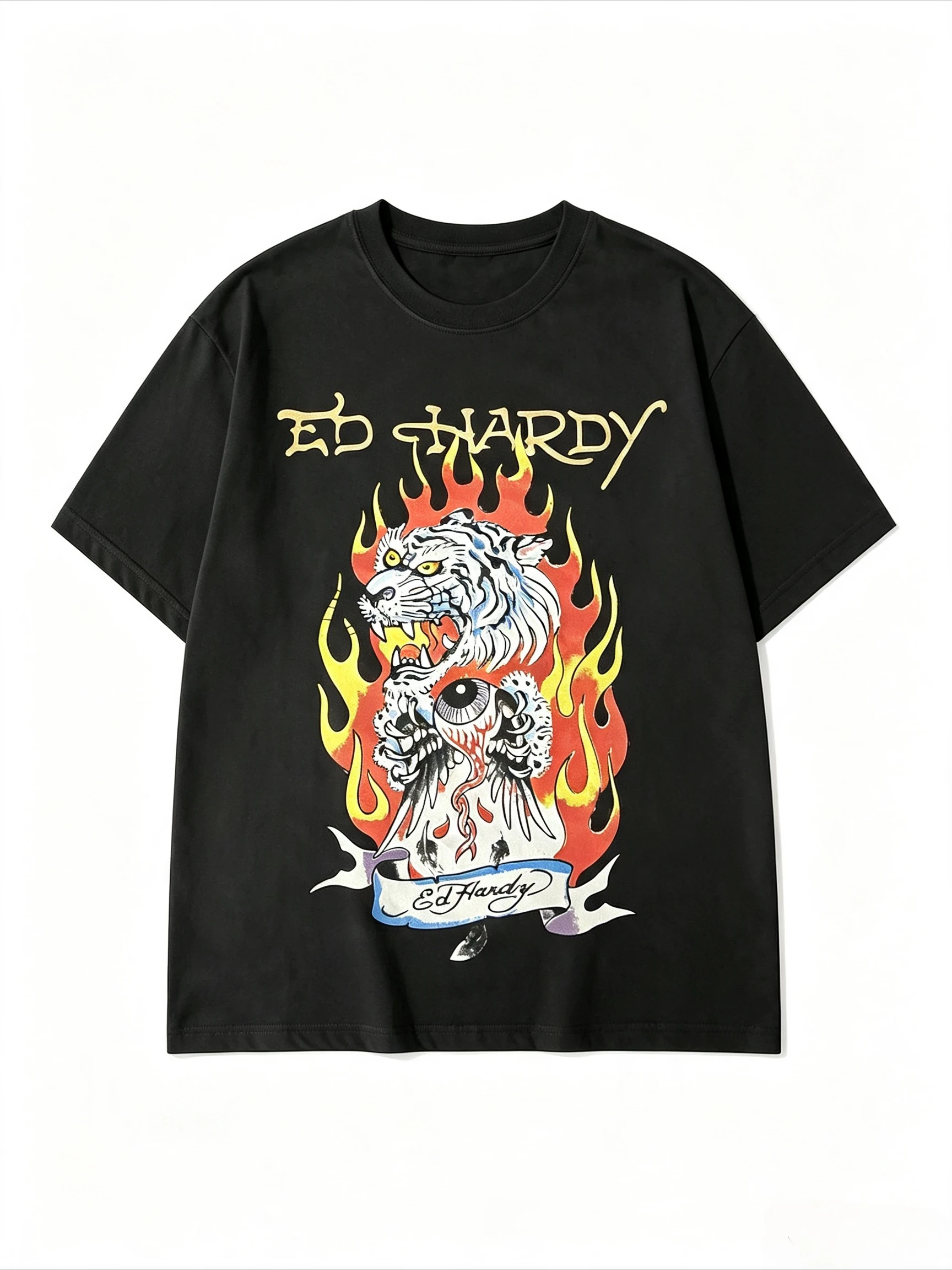 Unisex Vintage Ed Hardy Flammen-Tiger T-Shirt, locker geschnitten, übergroß, Retro Streetwear, Baumwolle, Grafik-T-Shirt, lässig, Vintage, amerikanisches Tattoo – Detail 3