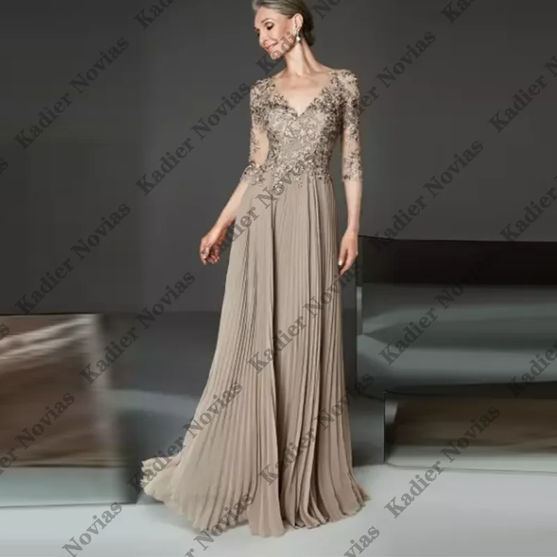 

Vintage Chiffon Pleats Mother of the Bride Dresses Lace Appliques Robes Invitee Mariage Customized Wedding Party Dresses