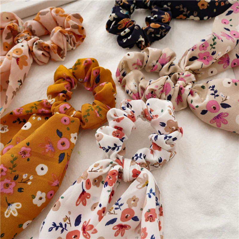 2023 Chiffon Printing Flower Bandana Hair Scarf Headband for Women Vintage Long Ribbon Scrunchie Beach Bandanas Hair Accessories