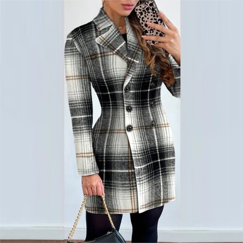 Autumn Plaid Coat Dress Women Causal Office Ladies V-neck Double Breasted Slim Coat Dresses For Woman