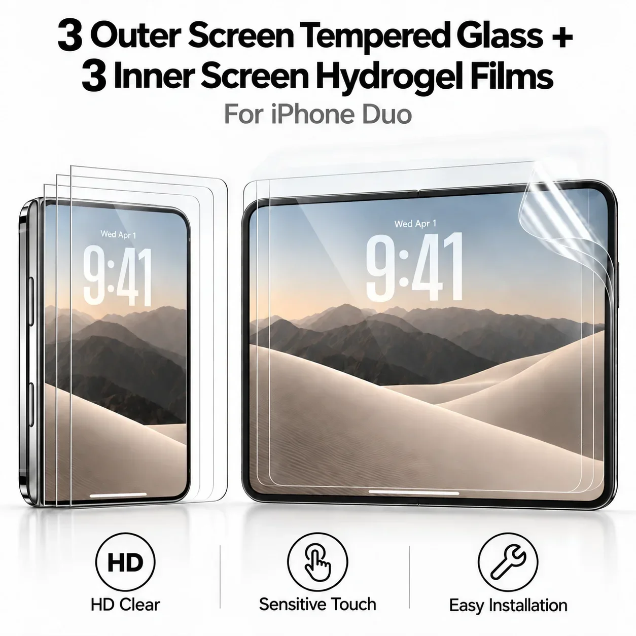 3 buitenste glazen beschermfolies + 3 binnenste folies voor de iPhone Duo. Beschermende, zachte hydrogelfolie voor de Apple iPhone Duo.