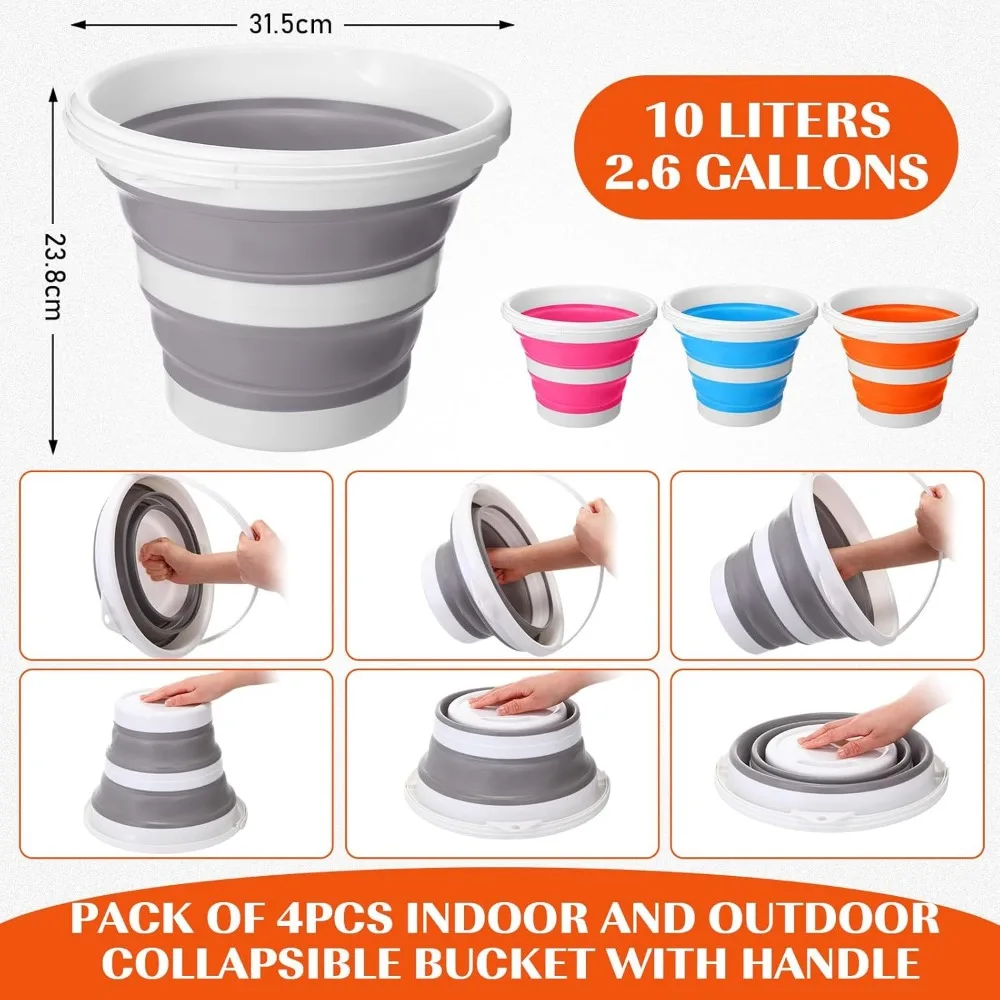4er-Pack zusammenklappbare Herbst-Camping-Eimer, kleine 2,6 Gallonen-Reinigungseimer mit Griffen für den Haushalt, im Freien und im Auto