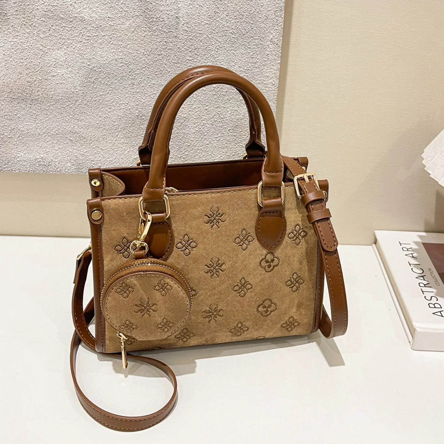 Vintage Texture 2-in-1 Mini Tote Handbag, Dual Carry Shoulder Crossbody Purse for Office Commute Campus Weekend Shopping