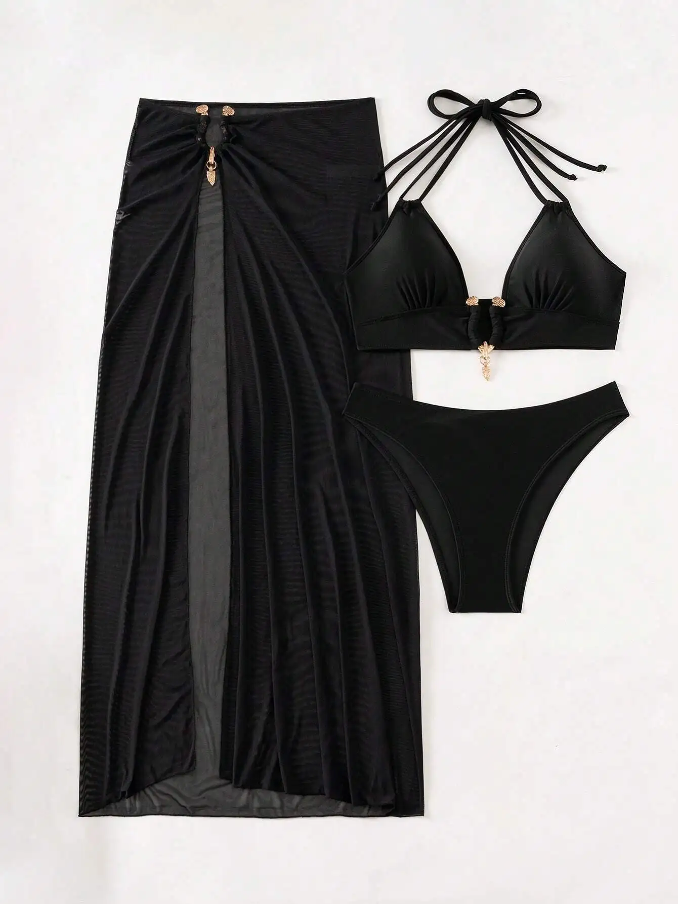 

Черный однотонный комплект бикини с завязками на шее и юбкой-накидкой для пляжа
