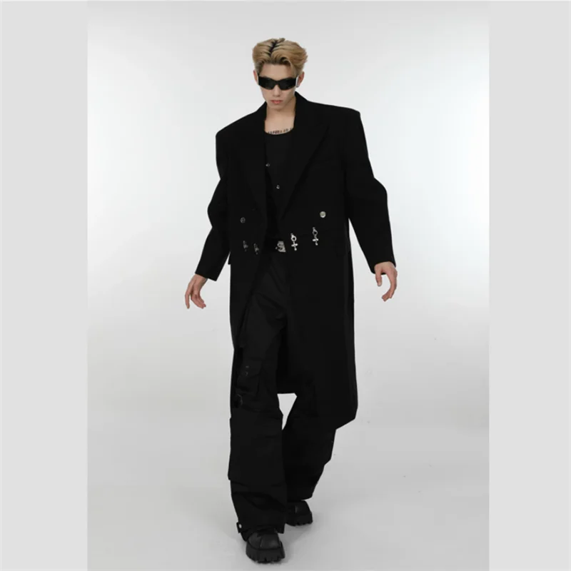 2023 Niche deconstruction three-dimensional silhouette shoulder padded wool suit coat men loose design sense trench coat