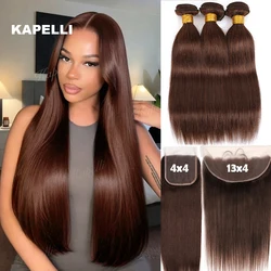 Human Hair Bundles with Closure Chocolate Brown Straight Bundles 100% Human Hair Weaving 4x4 13x4 HD Lace Frontal Hair Extension