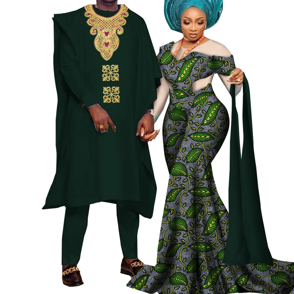 2024 African Couple Clothes Party Dresses for Women Riche Men Print Robe Shirt with Trousers Suits Sets Wedding Clothing Wyq922