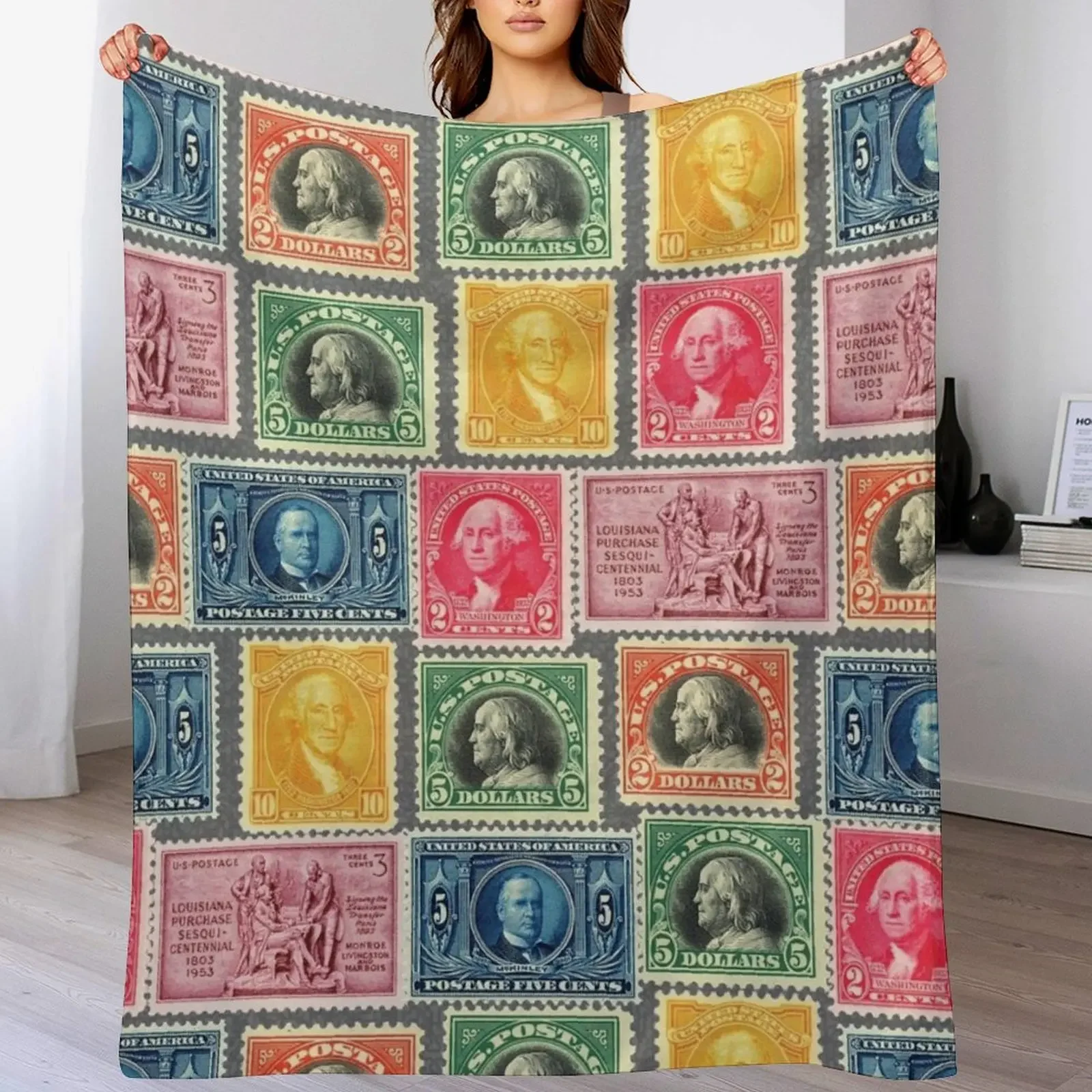 

US Postage Stamp Collage Throw Blanket Designers bed plaid manga Bed covers Blankets