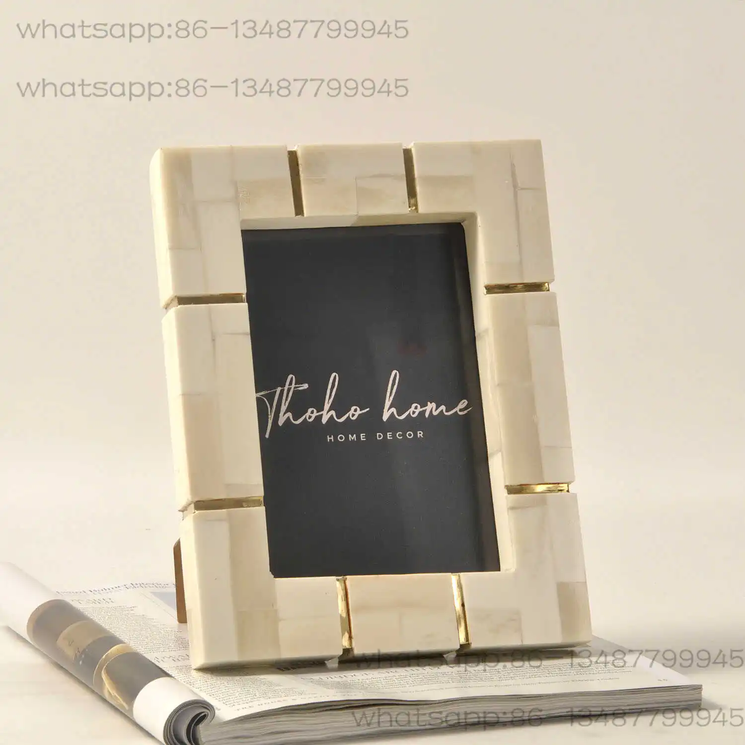 

India Imported Beef Bone Photo Frame Inlaid Copper Nordic Bedside White 7-inch Creative Table Setting Model Room Table Ornament