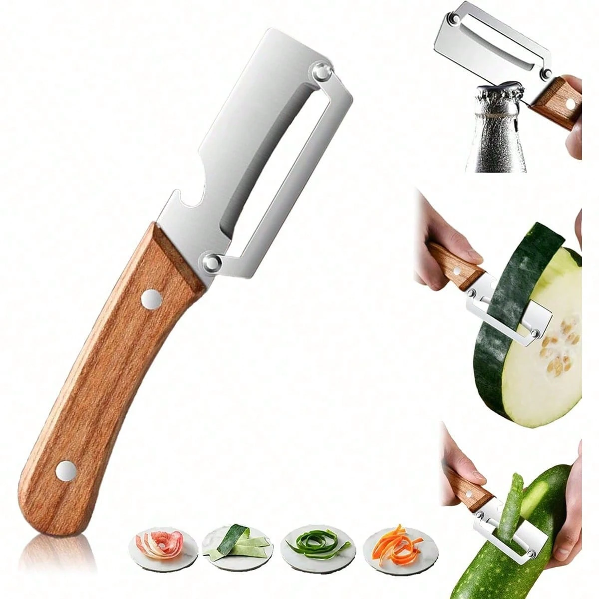 Multifunctional Vegetable Peeler, Stainless Steel Fruit Peeler with Solid Wood Handle, Bottle Opener Design, Kitchen Peeling Tool for Potato, Pumpkin, Sugarcane