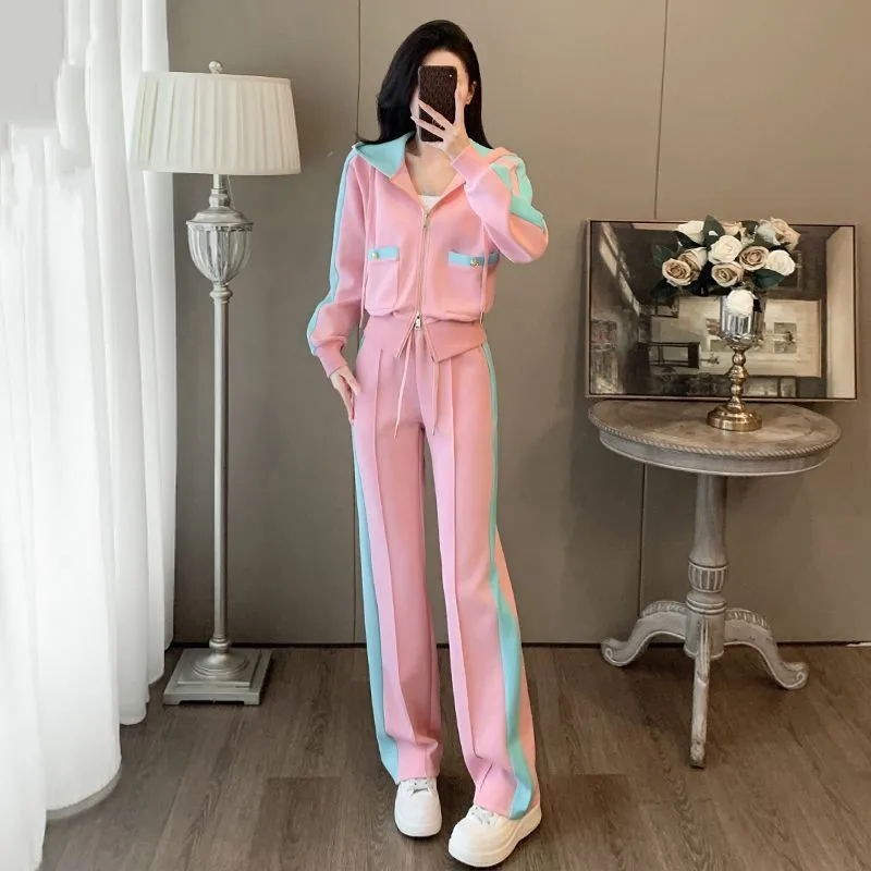 Autumn casual sports suit for women 2024 new fashion pink age reducing hooded straight leg pants two-piece set trendy