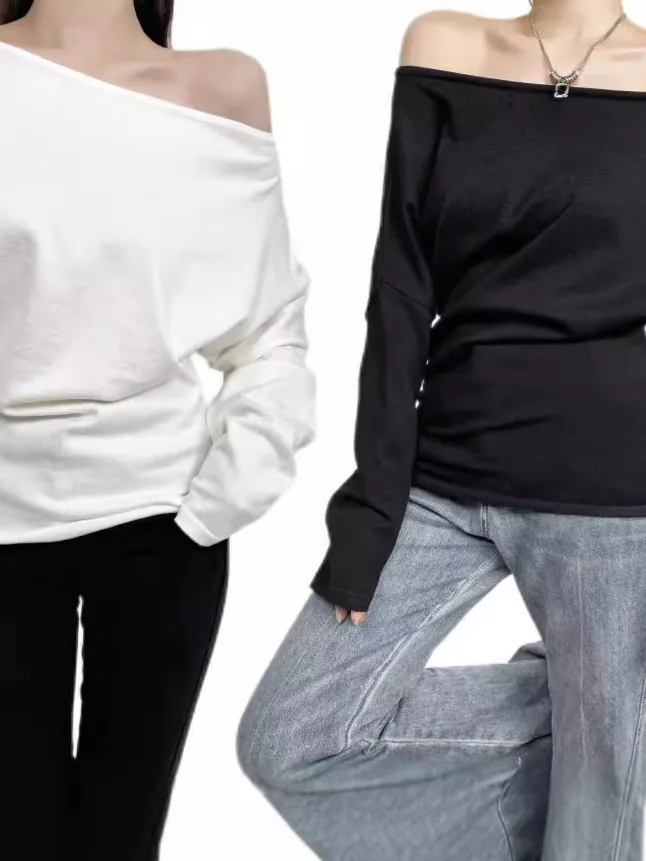 Herfst Nieuwe 2024 Pittige Meisje Slash Hals Off Schouder Gebreide Trui Vrouwen Ontwerp Gevoel Losse Lange Mouw Casual Trui E1JZ