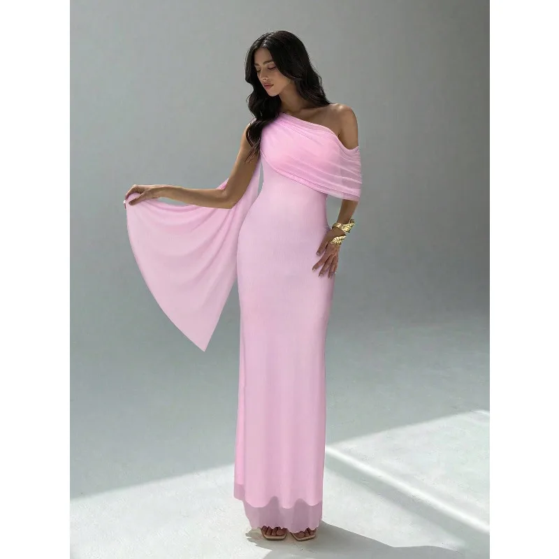 

2026 Women's Solid Color Asymmetric Neckline Fitted Elegant Dress,Wedding Guest Women,Dresses For Elegant,New Year Party