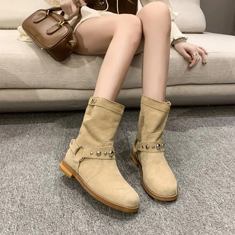 2024 Sheepskin Version Retro Niche Suede Metal Ring Pointed Western Cowboy Boots Women's Flat Heel Short Boots