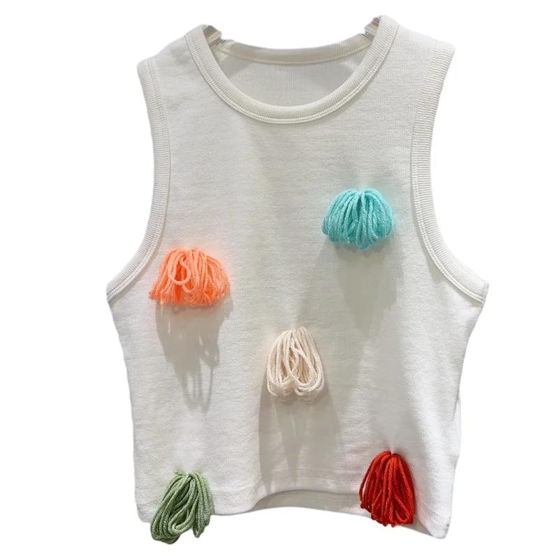   니트 볼 3D 장식 슬림핏 조끼 티셔츠 스트리트 스포츠 길이 풀오버 단색 개인 디자인