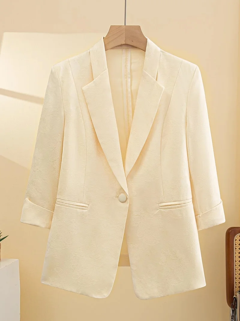 

2026 New Women's Jacquard Beige Blazer | Slim Fit 3/4 Sleeve Lightweight Suit Jacket for Spring Summer Casual Office J429