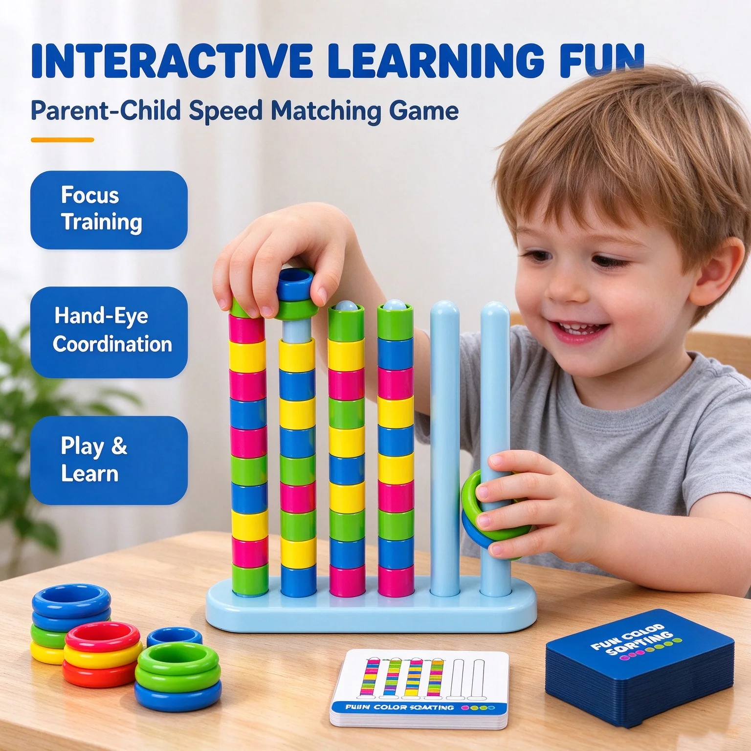 Montessori Color Sorting Toys for Toddlers 3+ Years Old, Parent-Child Speed Matching Game with Stacking Rings & Pattern Cards, K