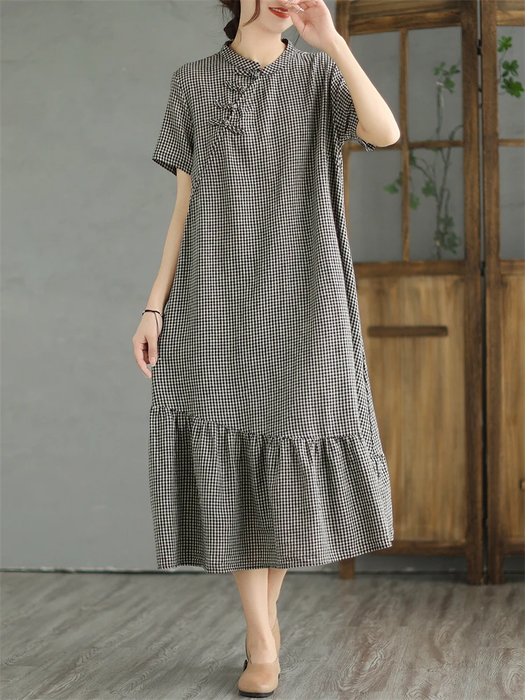 Summer Cotton Vintage Plaid Long Dresses For Women 2025 New Casual Breathable Dress Office Lady Work Femme Robe Elegant Clothing