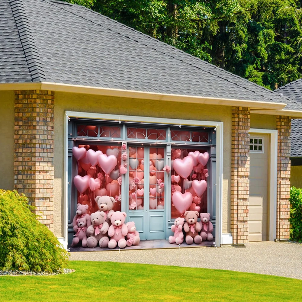 Happy Valentine's Day Garage Door Decoration Background Romantic Pink Heart Shaped Balloon Doll Bear Garage Door Wall Decor