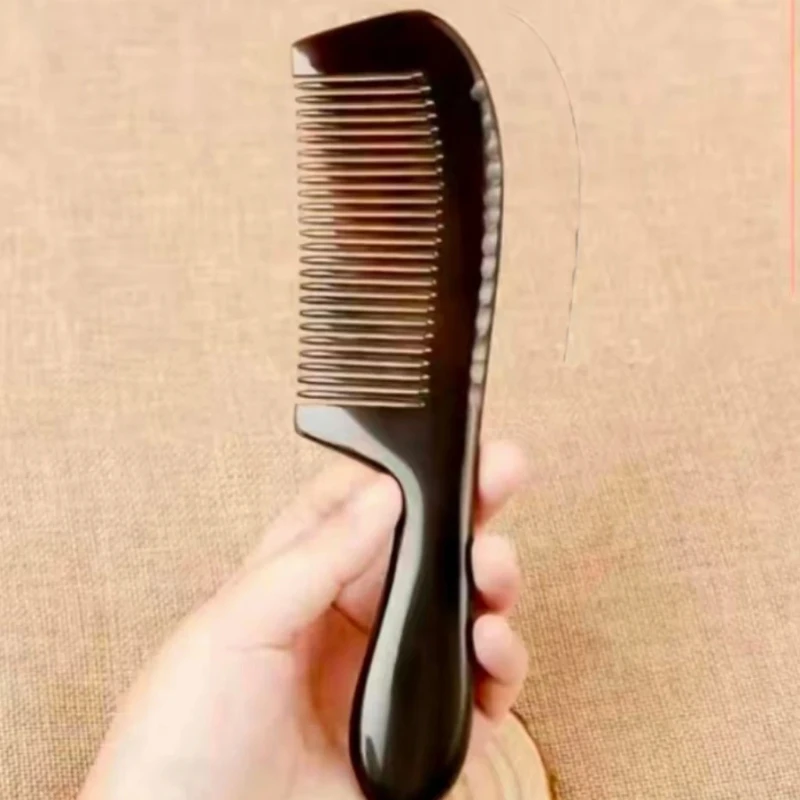 Natural Buffalo Horn Comb Fine Teeth Anti Static Massage Hair Comb with Thickening Round Handle for Head Health Barber Comb
