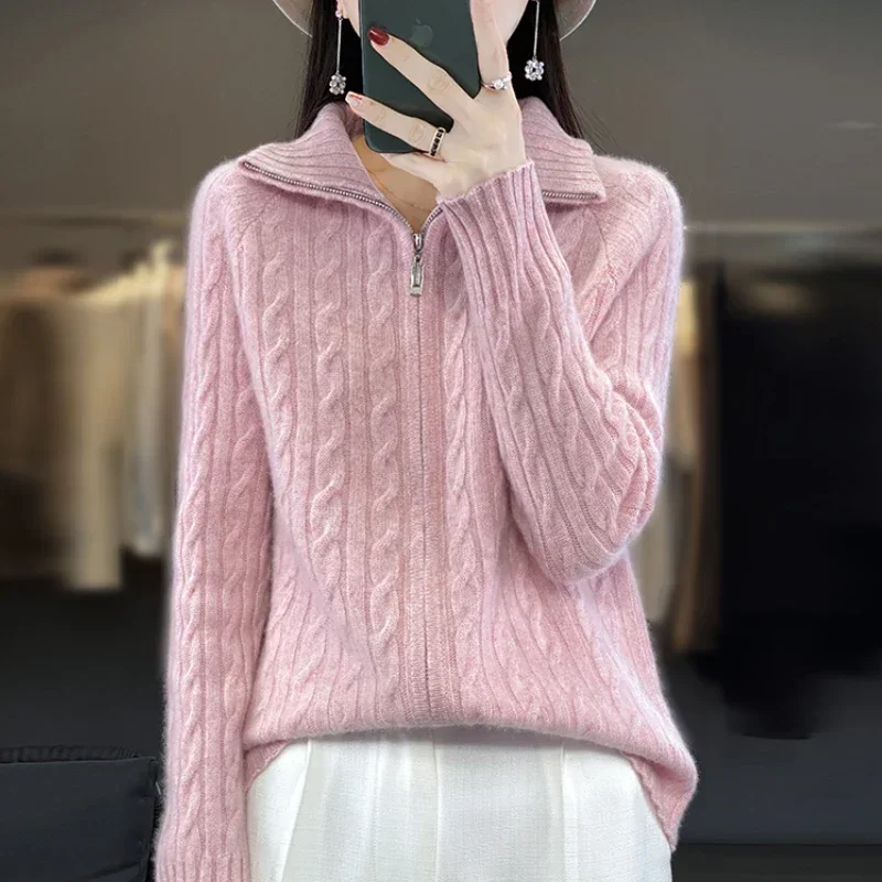 

Tailor Sheep Autumn and Winter New Lapel Cashmere Cardigan Women's Twists Zipper Sweater Pure Wool Casual Knitting Wester