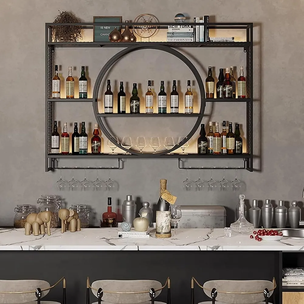 

Modern Wine Storage Rack Wall Mounted with LED Light with Wine Glass Holder,Iron Bar Liquor Shelf,Floating Wall Wine Shelves