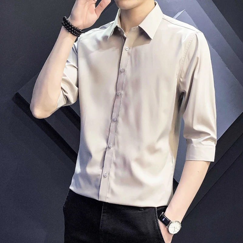 Temperament Office Solid Turn-down Collar Short Sleeve Shirts Button Fashion Business Casual Spring Summer Thin Men\'s Clothing