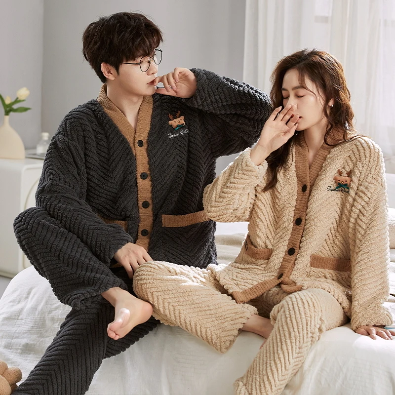 Japan Kimono Coral Fleece Pajamas Set for Couples Women and Men Matching Cardigan Sleepwear Young Girl Boy Pyjamas Mujer Hombre