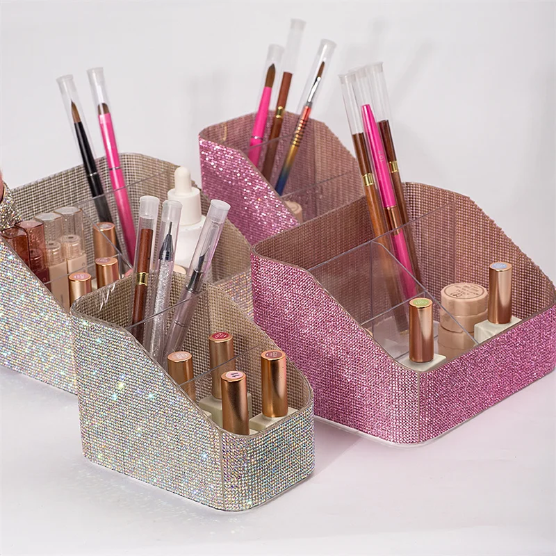 3grid Strass Make-Up Pinsel Lagerung Box Acryl Augenbraue Bleistift Eyeliner Lippenstift Display Regal Desktop Kosmetische Organizer Werkzeug