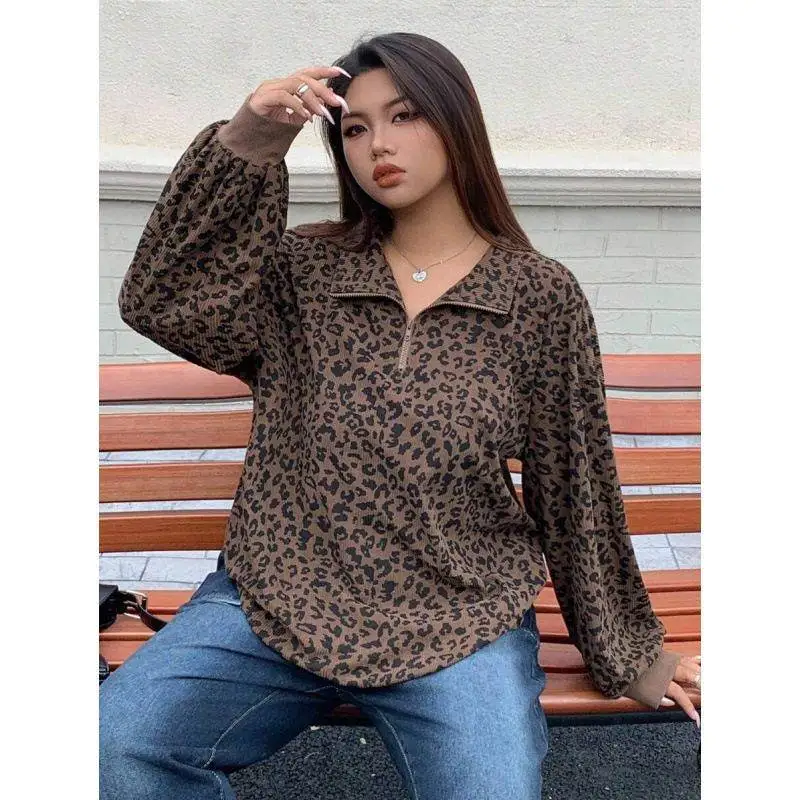 Leopard Print Stand Collar Coat Women's Winter Fashion Outerwear Three Piece Set Casual Sportswear No Brand Registered Trademark